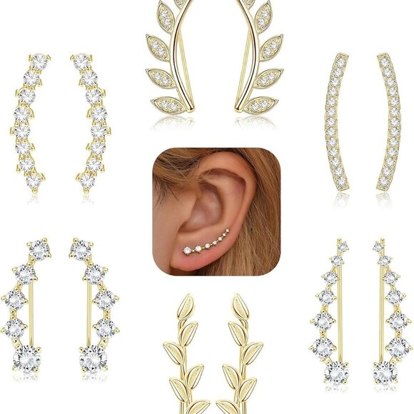 6Pairs Ear Cuffs Climber Hoop Earring CZ Arrow Crawler Stud Earring Jacket for W - Picture 1 of 6